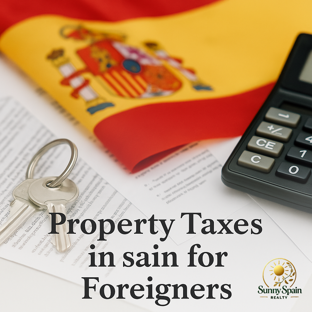 Documents, calculator and house keys representing property taxes in Spain for foreigners