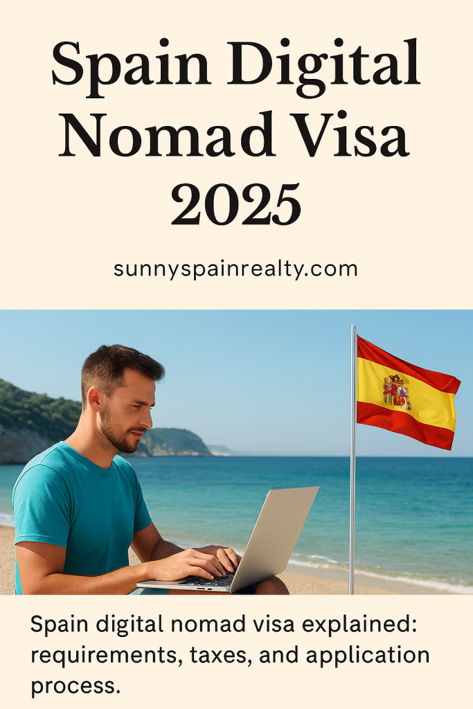 Digital nomad working remotely in Spain with laptop by the Mediterranean coast, Spanish flag in background